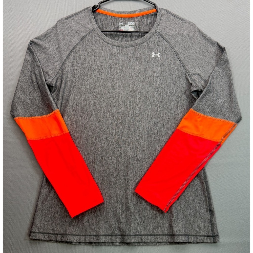 Under Armour Womens M HeatGear Shirt Grey Pink Orange Long Sleeve Fitted Top
